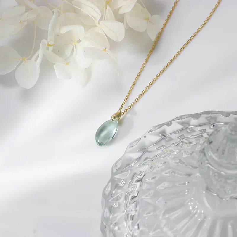 Emotional Factory 925 Sterling Silver 14K Gold Plated Gemstone Drop Green Quartzite Long Strip  Necklace