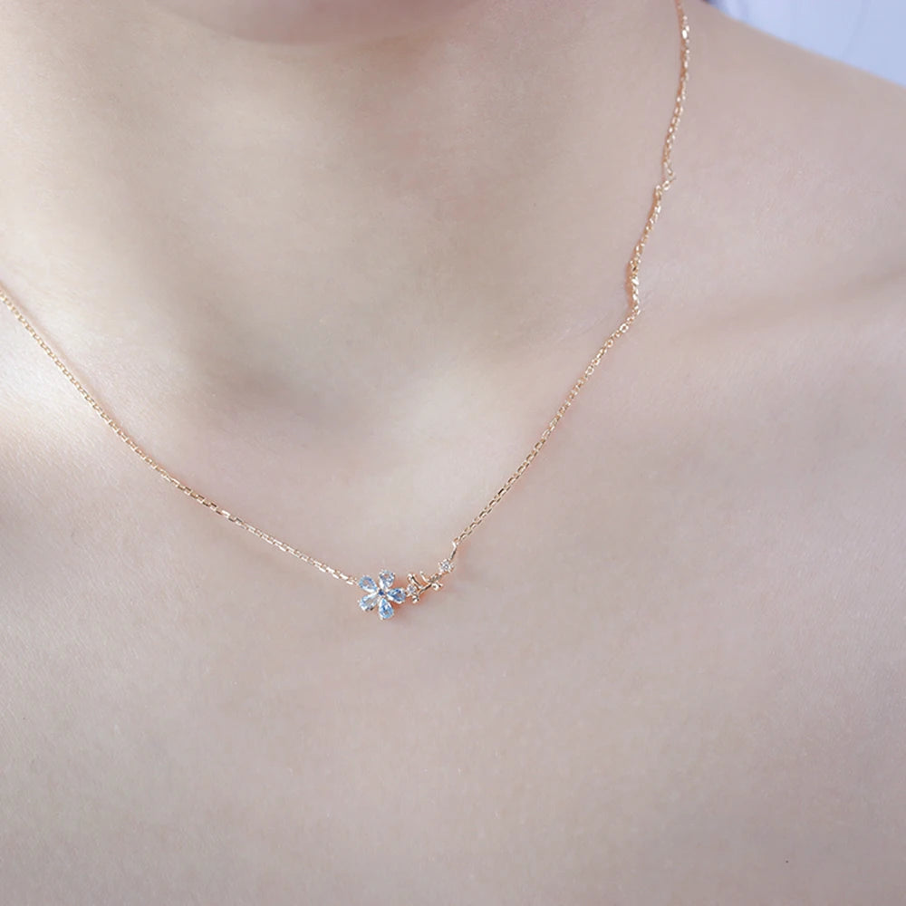 Emotional Factory 925 Sterling Silver 14K Gold Plated Gemstone Series Blue Topaz Flowers Clavicle Chain Necklace