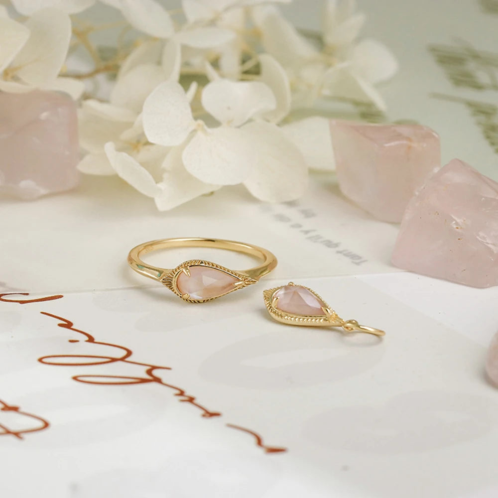 Emotional Factory 925 Sterling Silver 14K Gold Plated Gem Stone Gemstone Rock Crystal Small Fresh Pink Mother-Of-Pearl Drop Ring