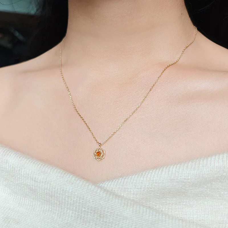 Emotional Factory 925 Sterling Silver 14K Gold Plated Gemstone Lace Hollow Geometric Citrine Peridot Necklace