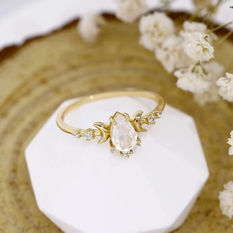 Anillos De Plata Anel De Ouro Puro 925 Sterling Silver 14K Gold Plated Gemstone Zircon Water Drop Opal Moon Ring