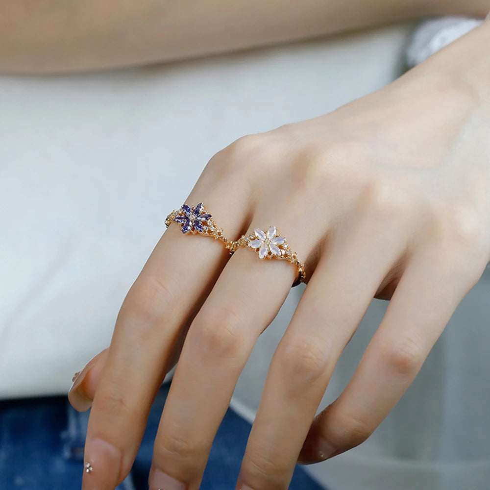 925 Sterling Silver 14K Gold Plated Gemstone Retro Hollow Flower Tanzanite Zircon Synthetic Artificial Opal Ring