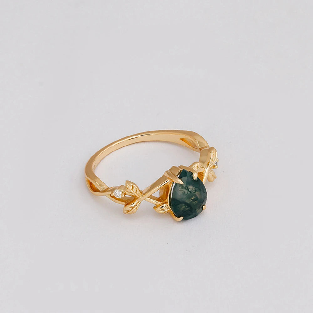 Emotional Factory 925 Sterling Silver 14K Gold Plated Gem Stone Gemstone Cz Zircon Vine Drops Moss Agate Ring