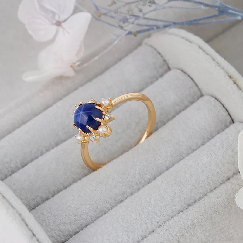 14K Gold Plated 925 Sterling Silver Snowflake Ring with Elegant Synthetic Star Sapphire ,Pearl and White Zircon