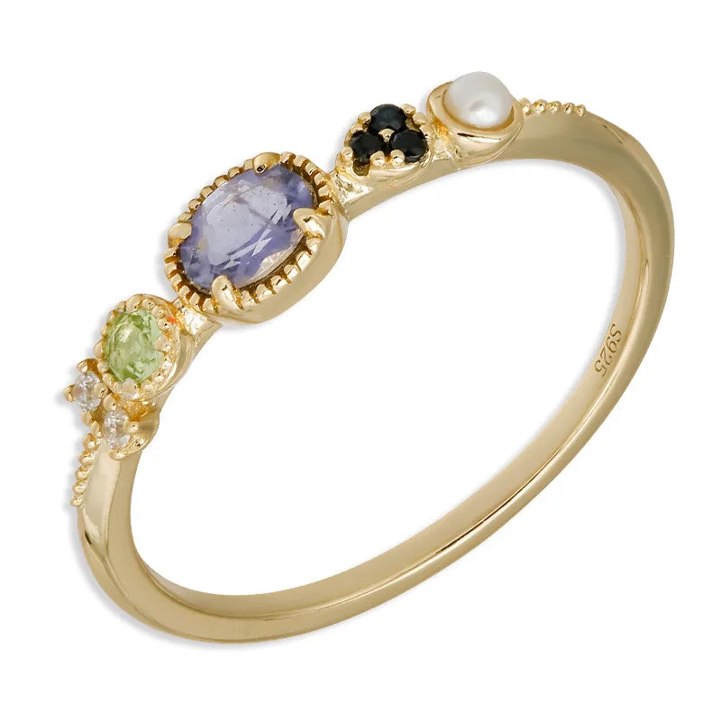 Anel De Pedras Azul 925 Sterling Silver 14K Gold Plated Gemstone More Stone Peridot Spinel Pearl Cordierite Iolite Ring