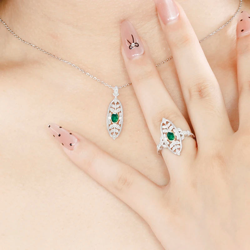 Emotional Bijou Factory 925 Sterling Silver 14K Gold Plated Gemstone Retro Cz Zircon Hollow Leaf Chrysoprase Ring