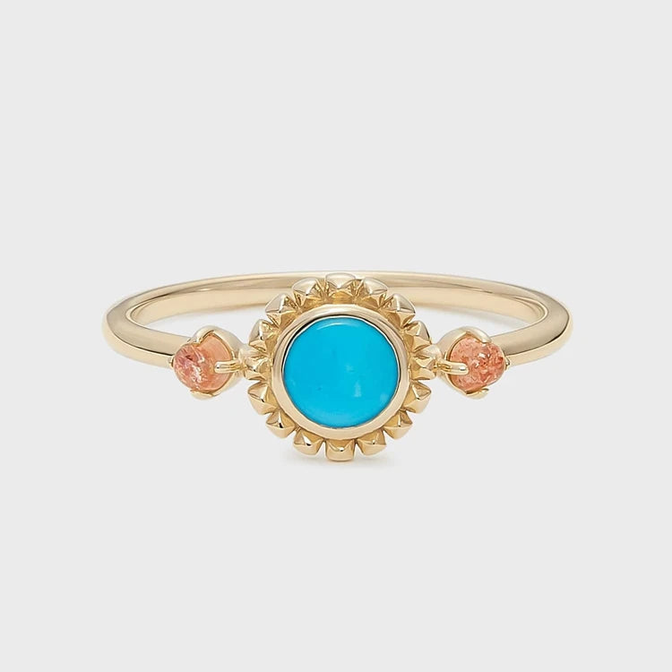 Emotional Factory 925 Sterling Silver 14K Gold Plated Gemstone Round Bead Flower Natural Turquoise Ring