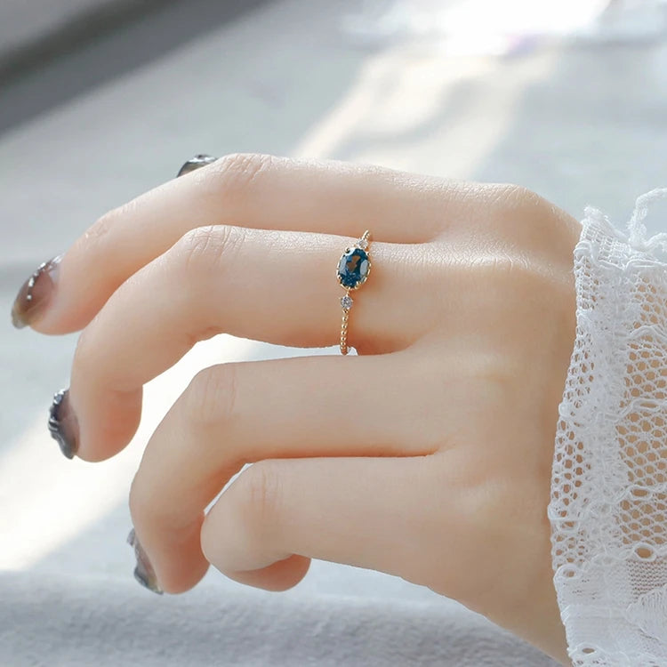 Emotional Factory 925 Sterling Silver 14K Gold Plated Gemstone Zircon Bead Blue Topaz Ring