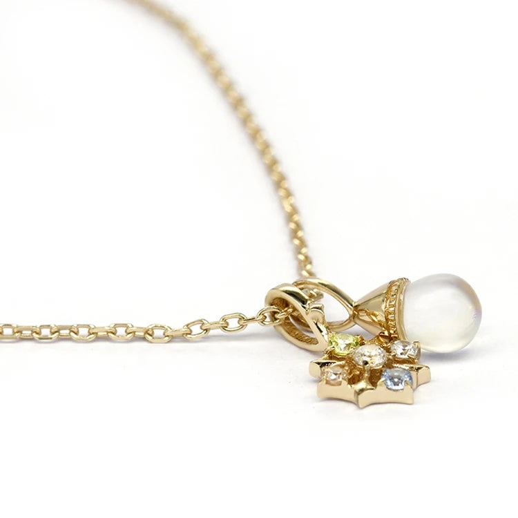 Gemstone White Flow Glass Green Light Champagne Zircon Blue Spinel 8 Pointed Star Pearl Double Pendant Necklace