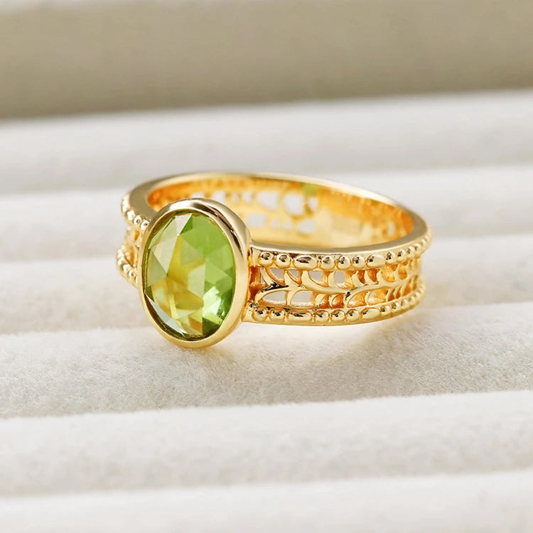 Emotional Factory 925 Sterling Silver 14K Gold Plated Gemstone Retro Hollow Olive Emerald Ring