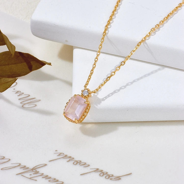 Emotional Factory 925 Sterling Silver 14K Gold Plated Gemstone 8Mm Stone Rectangle Pink Crystal Necklace