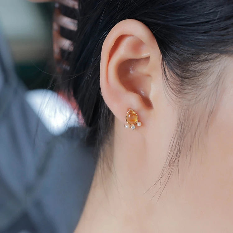 Emotional Factory 925 Sterling Silver 14K Gold Plated Gemstones Flowers Pendant Drop Amber Earrings