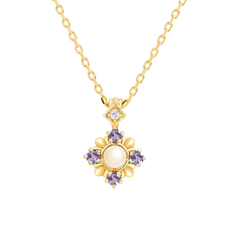 Emotional Factory 925 Sterling Silver 14K Gold Plated Gemstones Flower Rainbow Pearl Tanzanite Stone Necklace