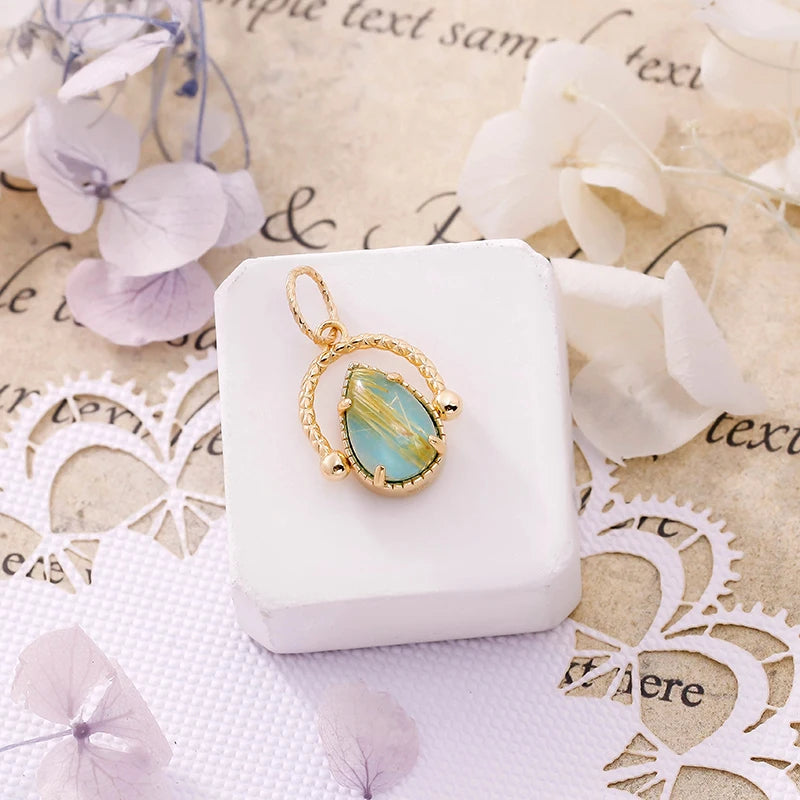 French Retro Style Double-sided Reversible S925 Silver Plated 14K Gold Necklace Pendant Turquoise + Blonde Crystal Drop-shaped d