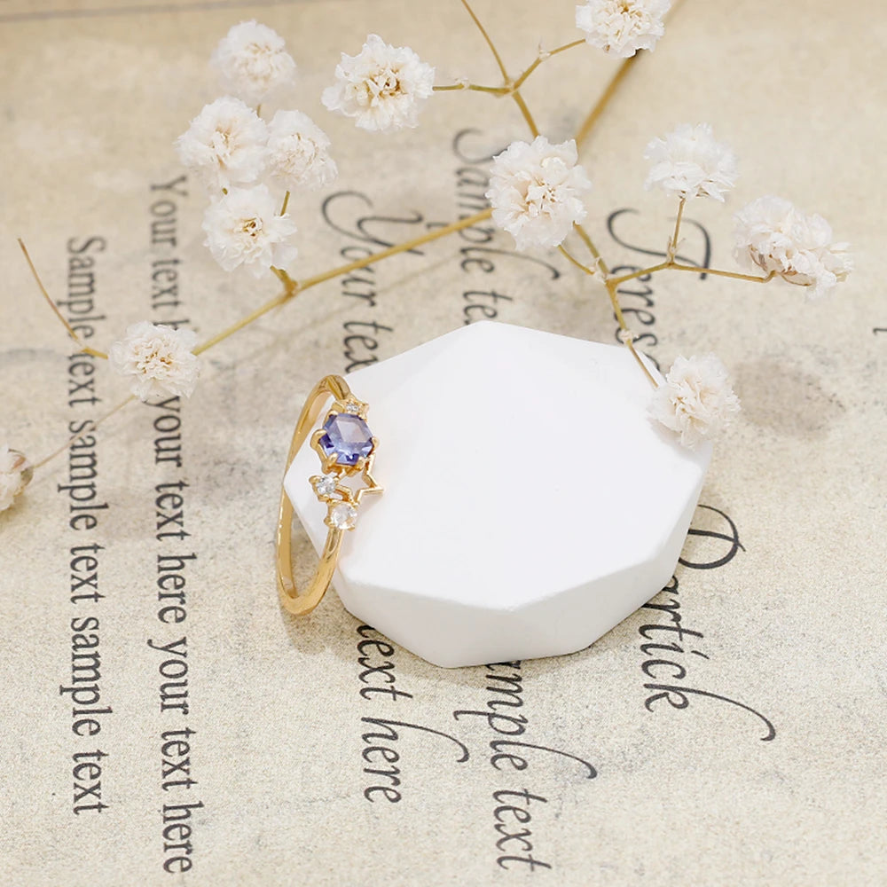Emotional 925 Sterling Silver 14K Gold Plated Gemstone Series Hand Set Blue Topaz Natural Moonstone Tanzanite Zircon Star Ring