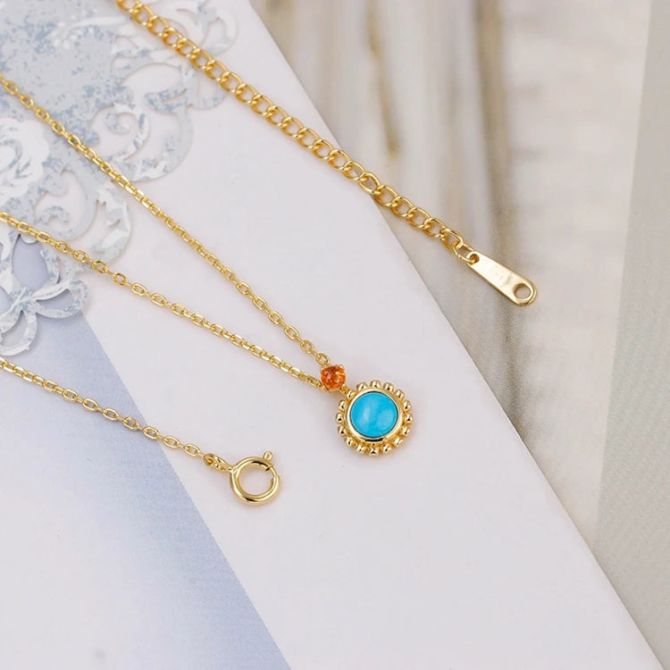 Emotional Factory 925 Sterling Silver 14K Gold Plated Gemstone Round Bead Flower Natural Turquoise Necklace