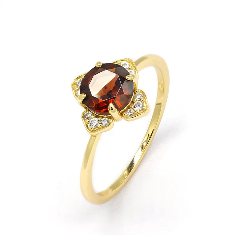Emotional Factory 925 Sterling Silver 14K Gold Plated Gemstone Red Garnet Petal Shaped Cz Ring