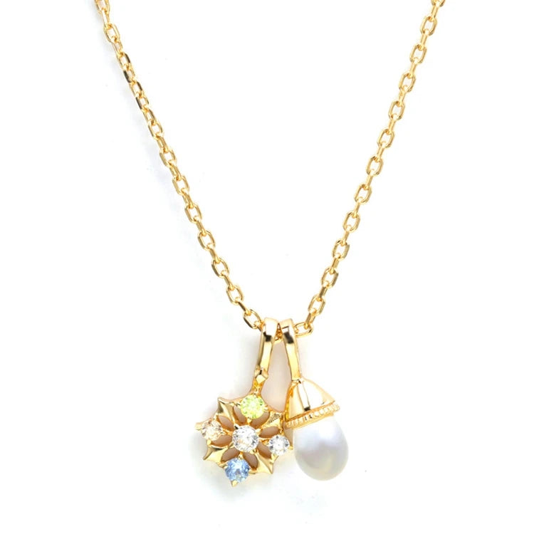 Gemstone White Flow Glass Green Light Champagne Zircon Blue Spinel 8 Pointed Star Pearl Double Pendant Necklace