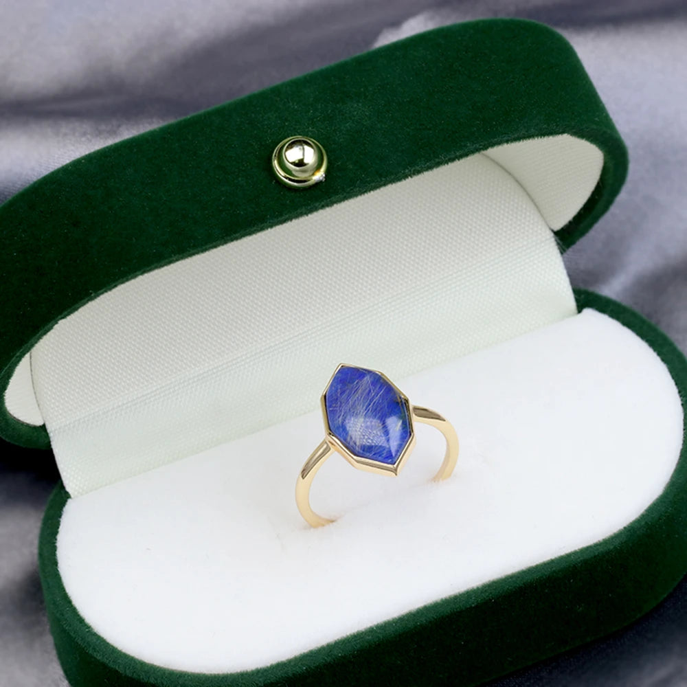 Factory Jewelry 925 Sterling Silver 14K Gold Plated Gemstone Series Blonde Crystal Lapis Lazuli Big Stone Ring