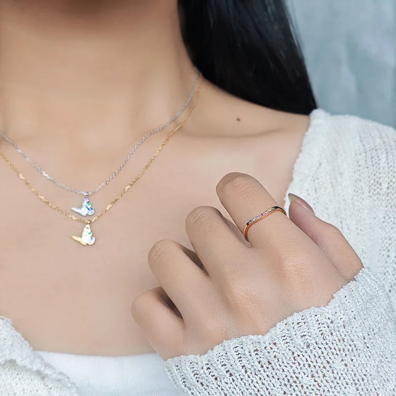 Emotional Factory 925 Sterling Silver 14K Gold Plated Gemstone Rainbow Thin Line Niche Design Colored Zircon Ring