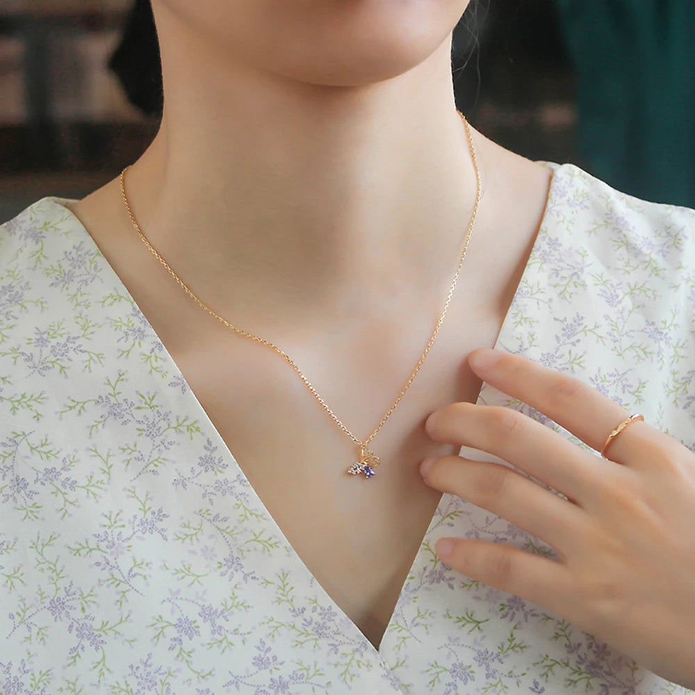 Gemstones Animals Blue Zircon Butterfly Red Corundum Stone Necklace