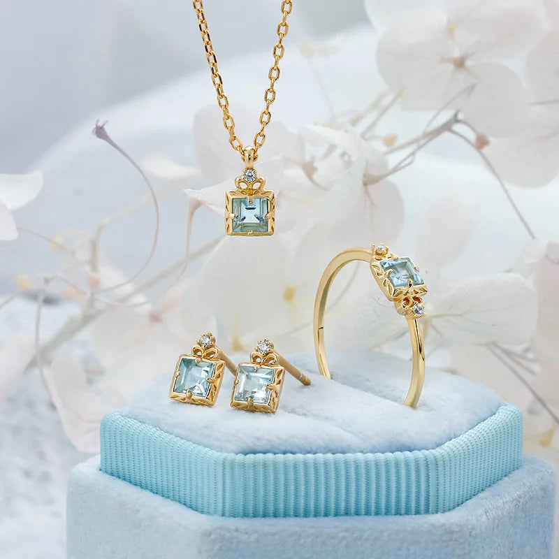 Emotional Factory 925 Sterling Silver 14K Gold Plated Gemstone Simplicity Zircon Geometric Square Aquamarine Ring