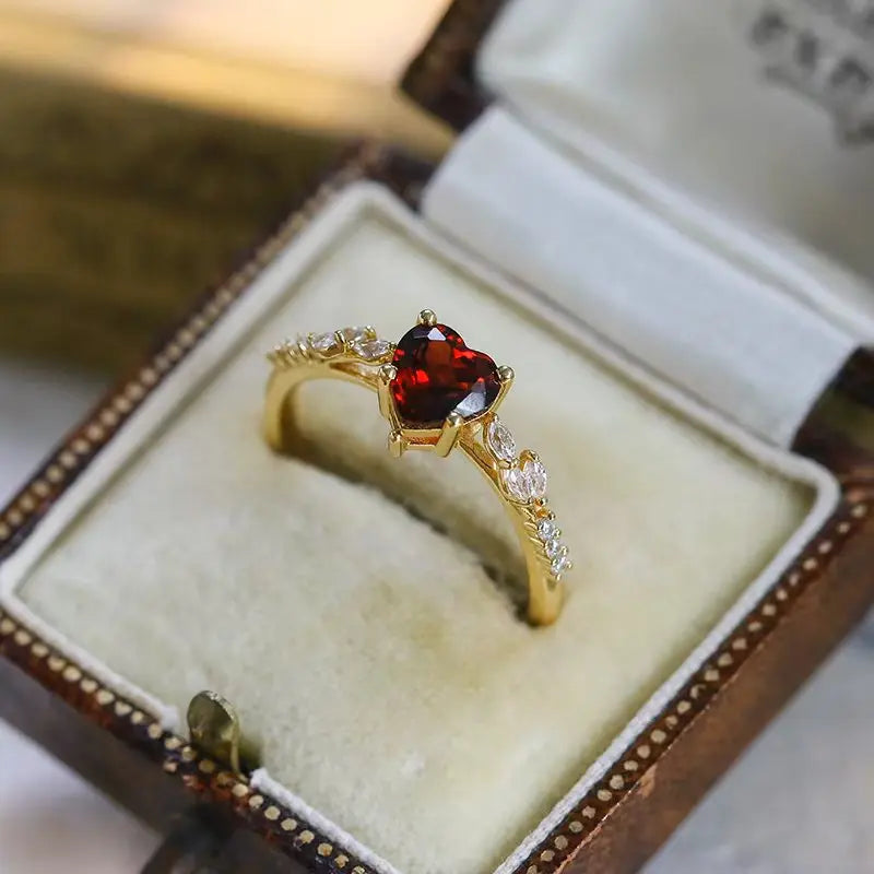 Heart-Shaped Garnet Stainless Steel Ring for Women - Trendy Jewelry Gift