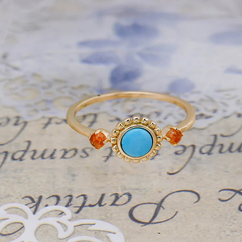 Factory Wholesale Customization Simple Niche Retro Style Geometric RoundS925Silver Plating14KGold Turquoise Ring