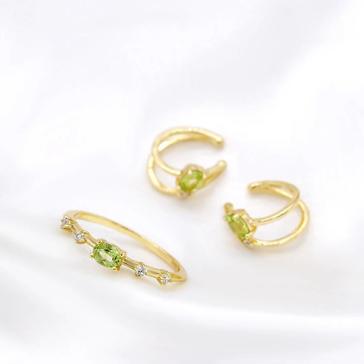 Emotional Factory 925 Sterling Silver 14K Gold Plated Gemstone Olive Green Stone Ring Zircon Ear Clip Earrings