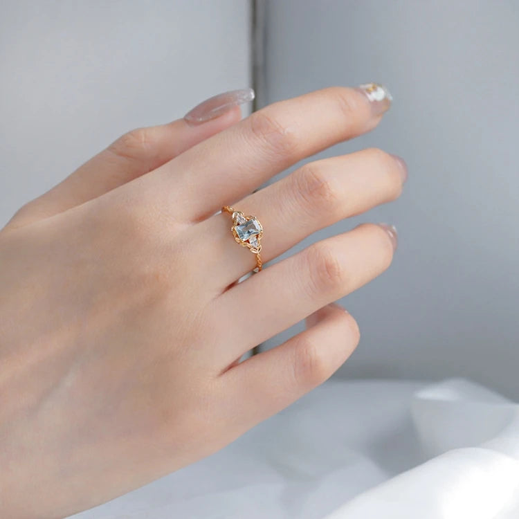 925 Sterling Silver 14K Gold Plated Gemstone Geometric Square Stone Natural Light Green Crystal Ring