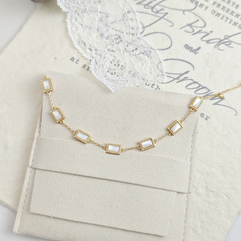 Pulsera De Piedras Preciosas 925 Sterling Silver 14K Gold Plated Gemstone Sample Rectangular Geometry White Shell Bracelet