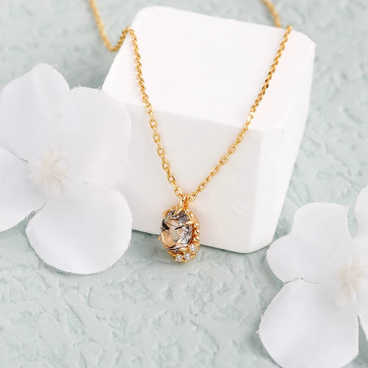 Emotional Factory 925 Sterling Silver 14K Gold Plated Gemstones Landscape Zircon Natural Black Hair Crystal Necklace