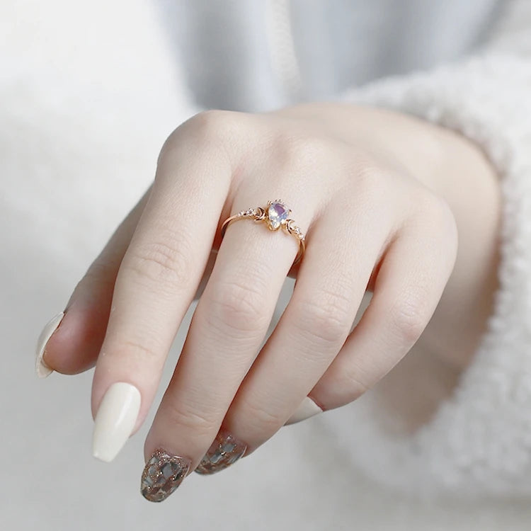 Anillos De Plata Anel De Ouro Puro 925 Sterling Silver 14K Gold Plated Gemstone Zircon Water Drop Opal Moon Ring