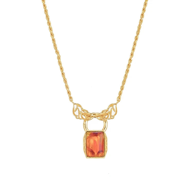 Emotional925 Sterling Silver 14K Gold Plated Gemstones Rectangles Leaf Carving Pendant Geometric Reclaimed Smoky Amber Necklace