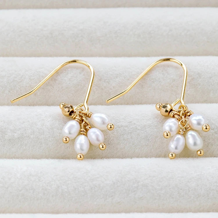 Emotional Factory 925 Sterling Silver 14K Gold Plated Gemstone 4 Pearls Water Drop Freshwater Pearl Earrings