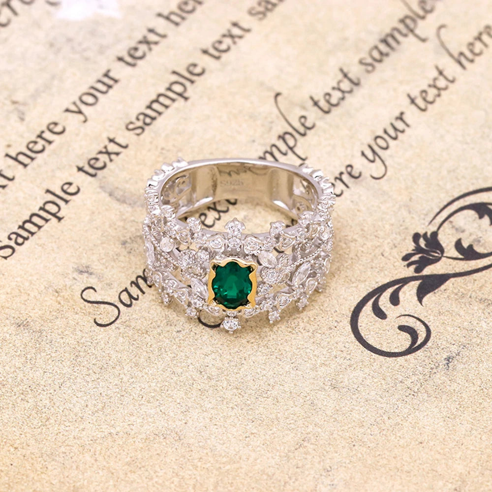 Emotional Factory 925 Sterling Silver 14K Gold Plated Gem Stone Gemstone Retro Hollow Geometric Flower Cultured Emerald Ring