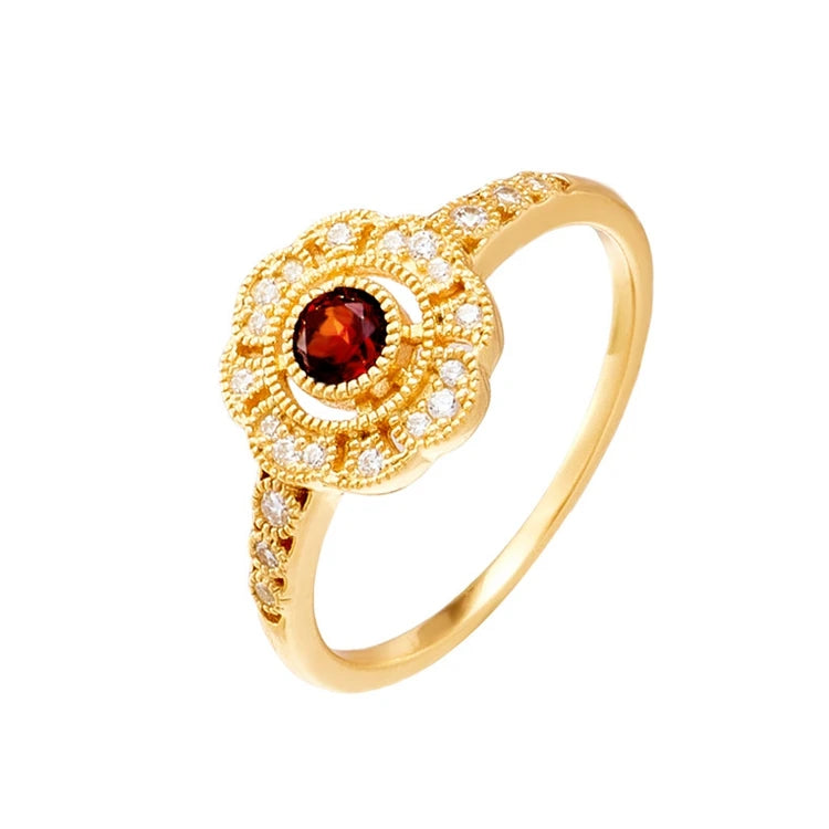 Emotional Factory 925 Sterling Silver 14K Gold Plated Gemstone Evil Eyes Red Garnet Flower Ring