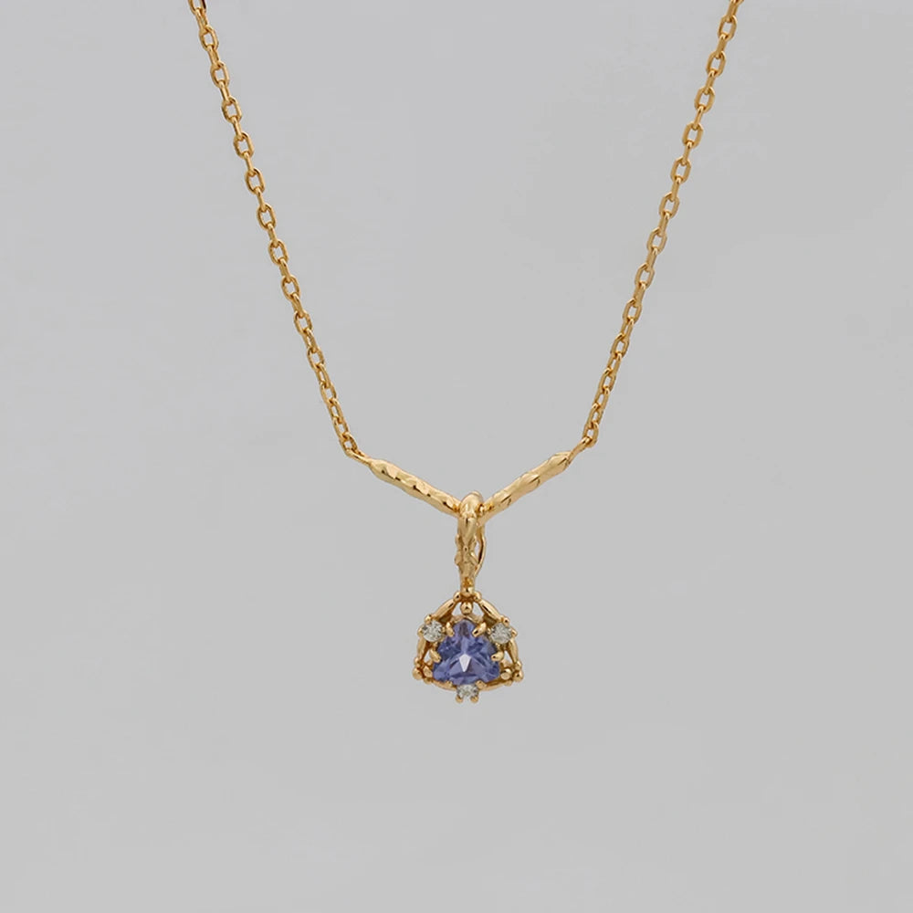 925 Sterling Silver 14K Gold Plated Gemstone Retro Hollow Geometric Triangle Tanzanite  Necklace