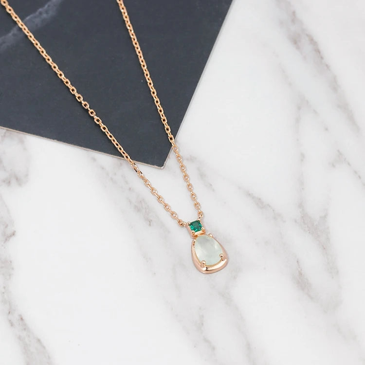 925 Sterling Silver 14K Gold Plated Gemstone Oval Green Nanostone Natural Grape Prehnite Stone Necklace
