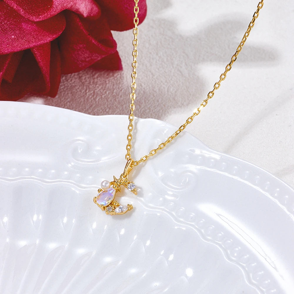 Emotional Factory Jewelry 925 Sterling Silver 14K Gold Plated Gemstone Series Water Drop Moon Blue Quartz Stone Necklace