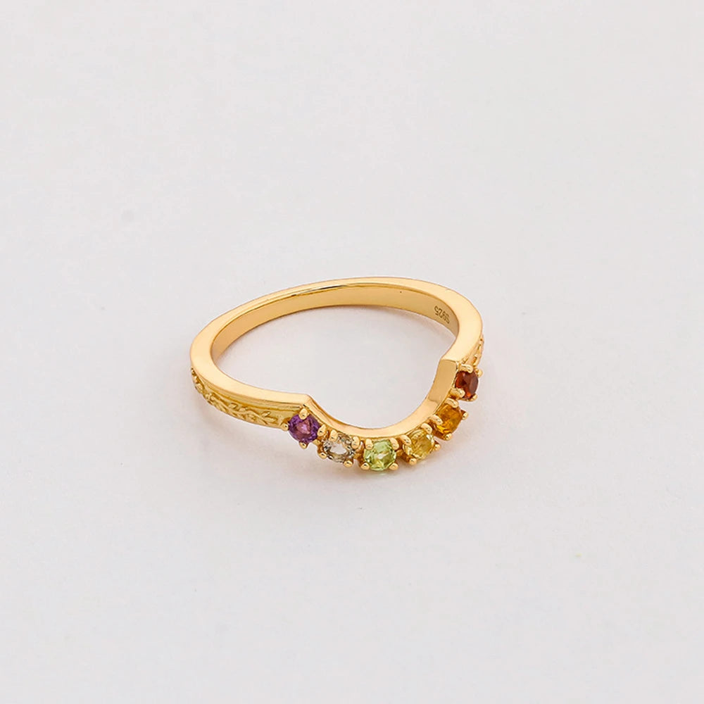 925 Sterling Silver 14K Gold Plated Gemstone Rainbow Bridge Colour Rhodolite Garnet Citrine Peridot Sky Blue Topaz Amethyst Ring