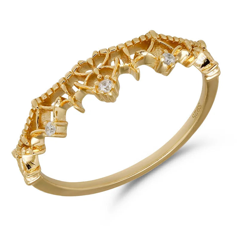Emotional Factory 925 Sterling Silver 14K Gold Plated Gemstone Retro Advanced Stacking Niche Designs Ladylike Skeleton Lace Ring