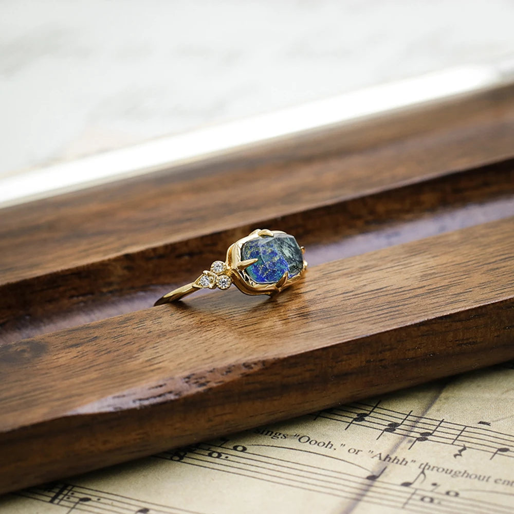 Emotional Factory 925 Sterling Silver 14K Gold Plated Gem Stone Gemstone Cz Zircon Vintage British Style Chrysocolla Ring