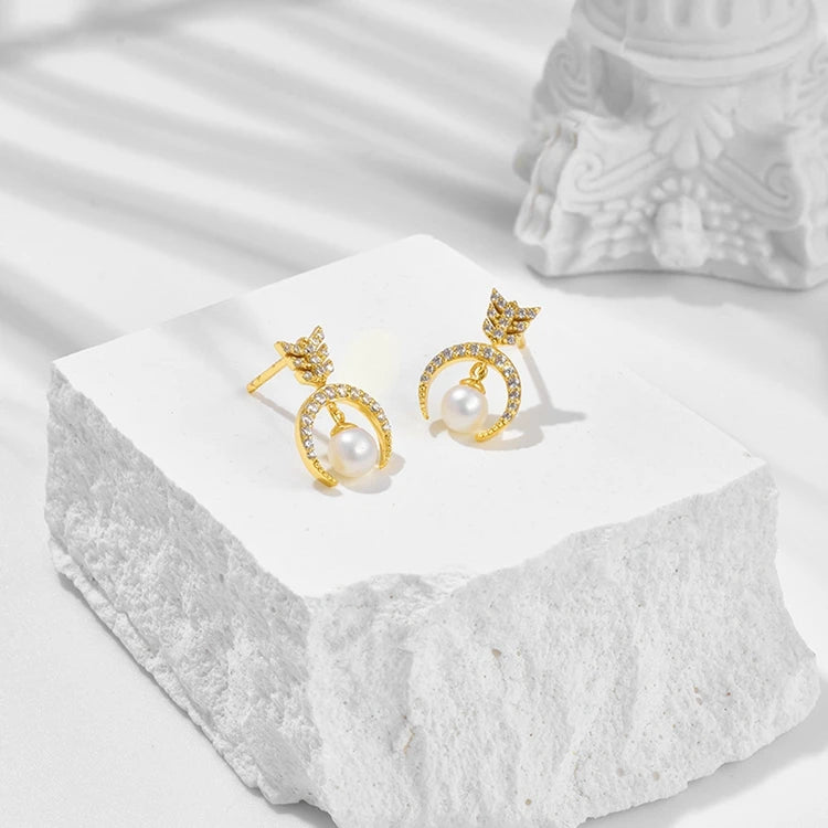 Emotional Factory 925 Sterling Silver 14K Gold Plated Gemstones Arrowhead Arrow Moon Natural Freshwater Pearl Stud Earrings