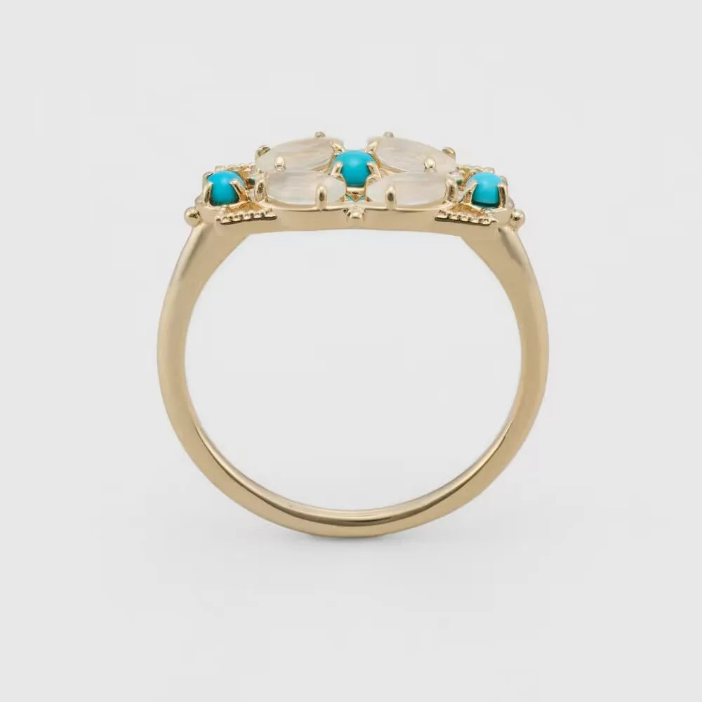 Niche Retro Hollow Geometry Design Inlaid Opal+Turquoise RingS925Silver Plated14KRing