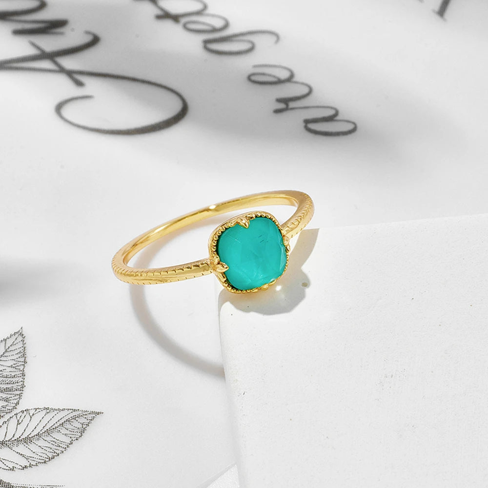 925 Sterling Silver 14K Gold Plated Gemstone White Crystal Natural square Turquoise Geometry Ring