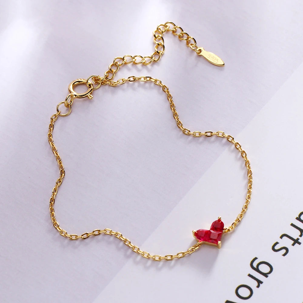 Emotional Factory 925 Sterling Silver 14K Gold Plated Gemstone Series Red Corundum Zircon Peach Heart Bracelet