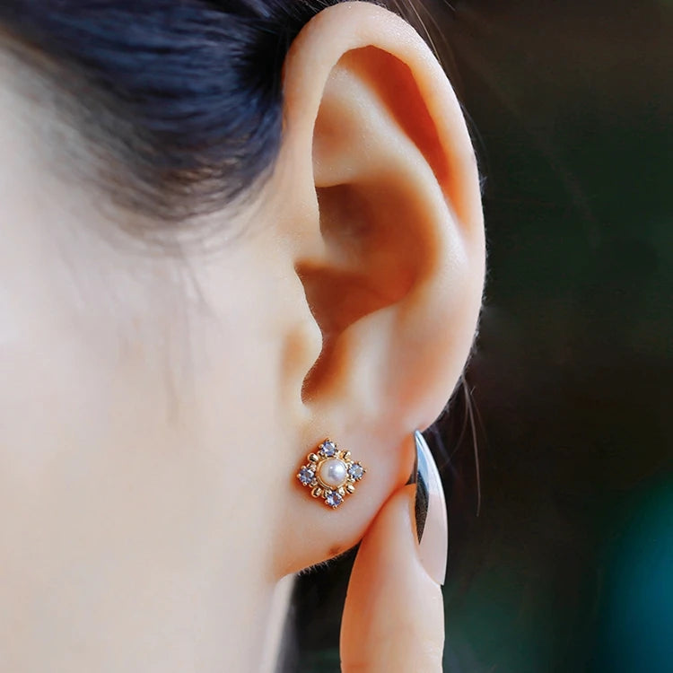 Emotional Factory 925 Sterling Silver 14K Gold Plated Gemstones Flower Rainbow Pearl Tanzanite Stone Earrings