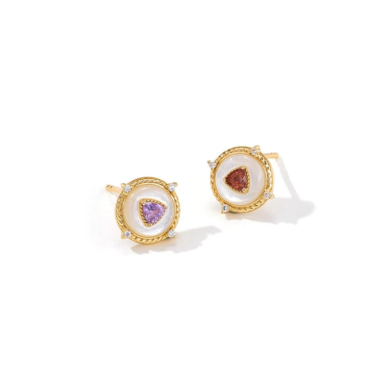 Emotional Factory 925 Sterling Silver 14K Gold Plated Gemstone Evil Eyes Red Garnet Amethyst Earrings