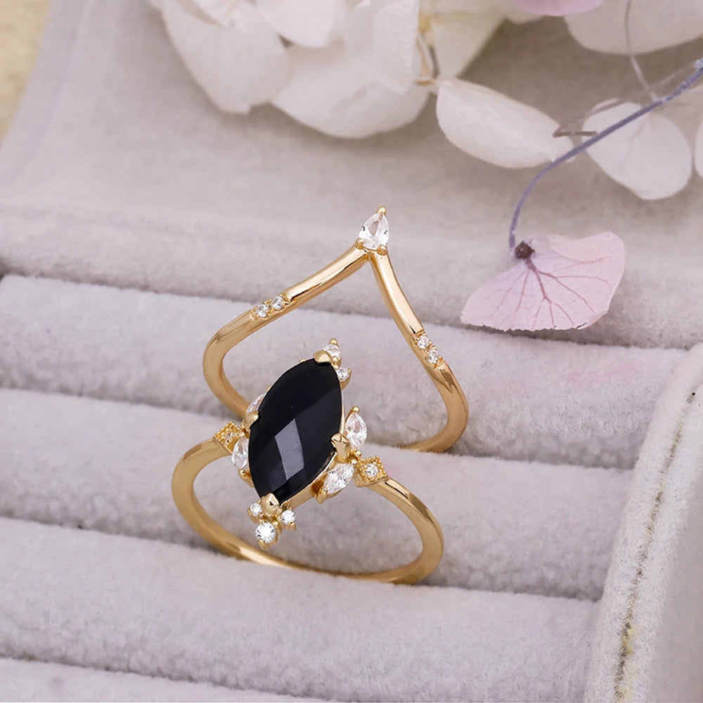 Emotional  925 Sterling Silver 14K Gold Plated Gem Stone Gemstone Zicon Black Agate Carnelian Onyx V Shaped Gem Stone Ring Set